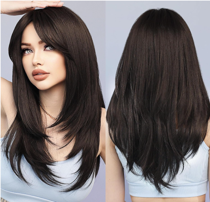 Long Layered Natural Black Wig with Bangs Straight Wigs