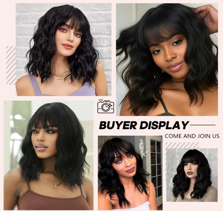 Black Wig with Bangs for Women 16 Inch Wavy Soft Lightweight Wigs