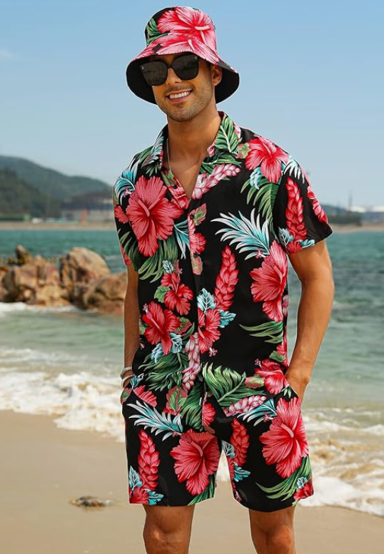 Men's Flower Hawaiian Sets Casual Short Sleeve Shirt and Shorts Suits Outfits with Bucket Hats