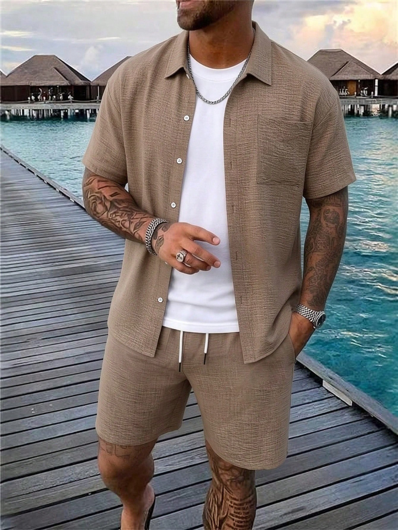 Coffee Color Pocket Shirt And Shorts
