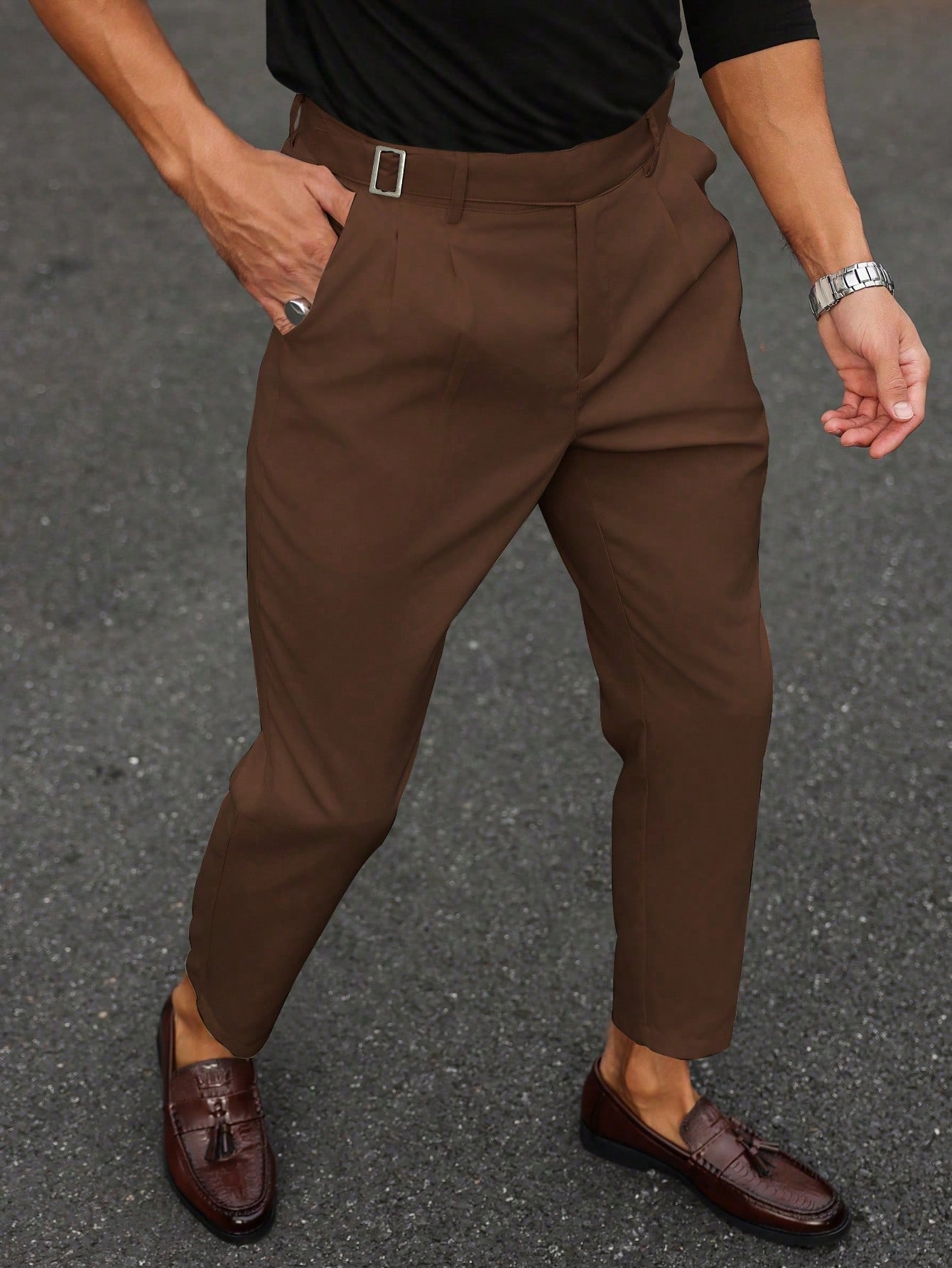 Men's Formal Solid Color Brown Waist Buckle Design Casual Pants
