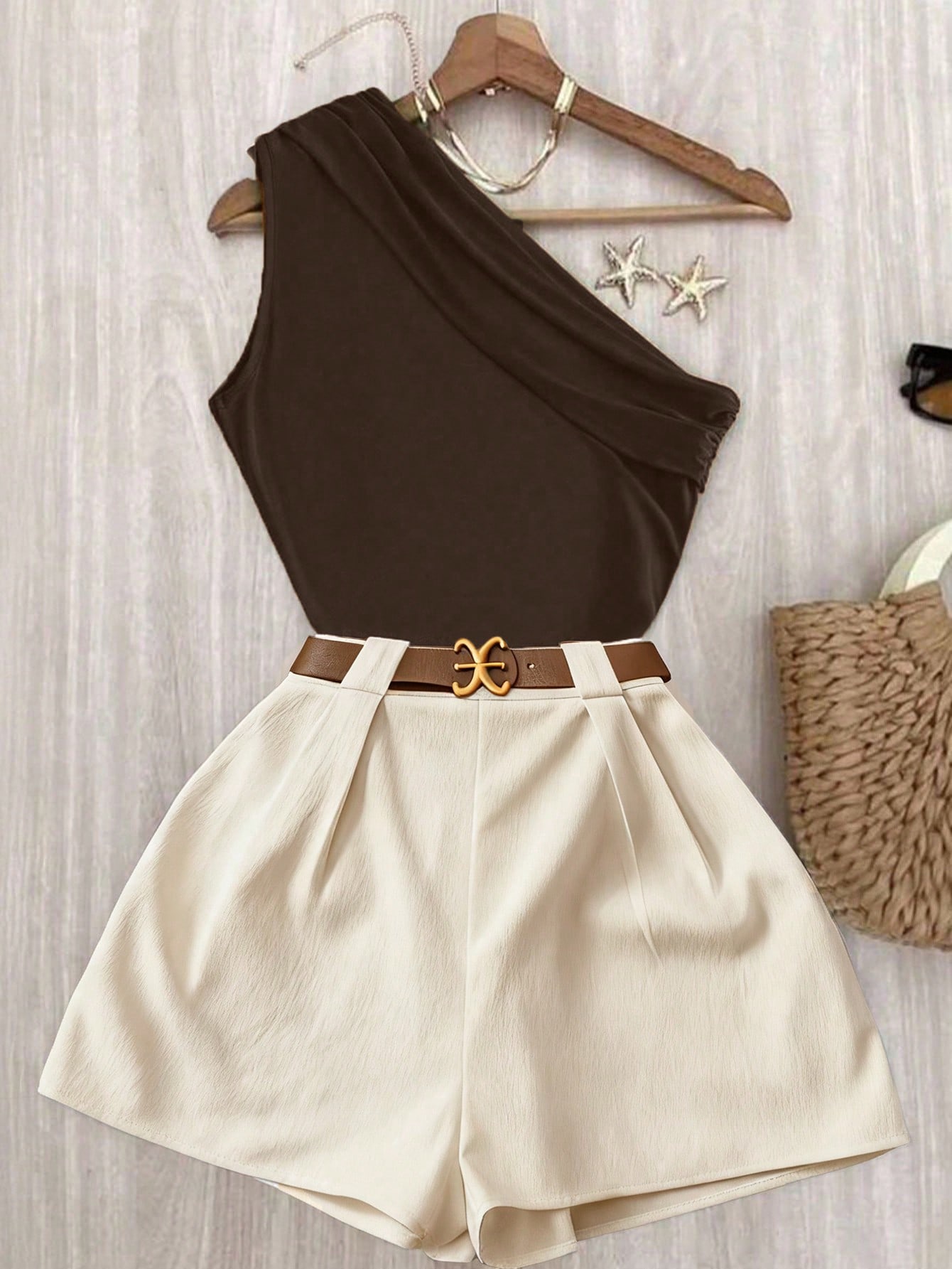 Solid Brown Pleated Shoulder Top And White Elastic Waist Pants Set