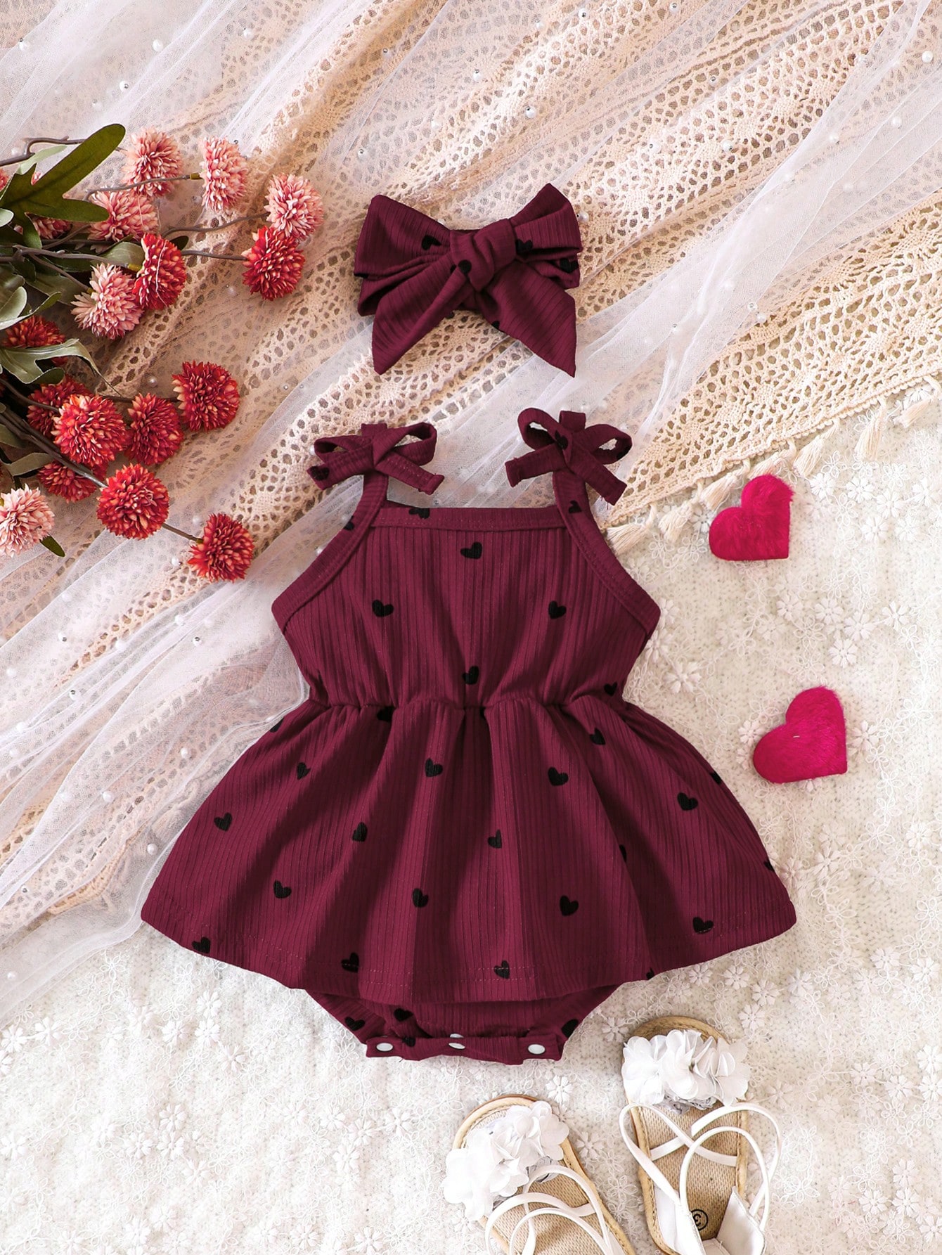 Heart Print Bow Shoulder Cami Combo
